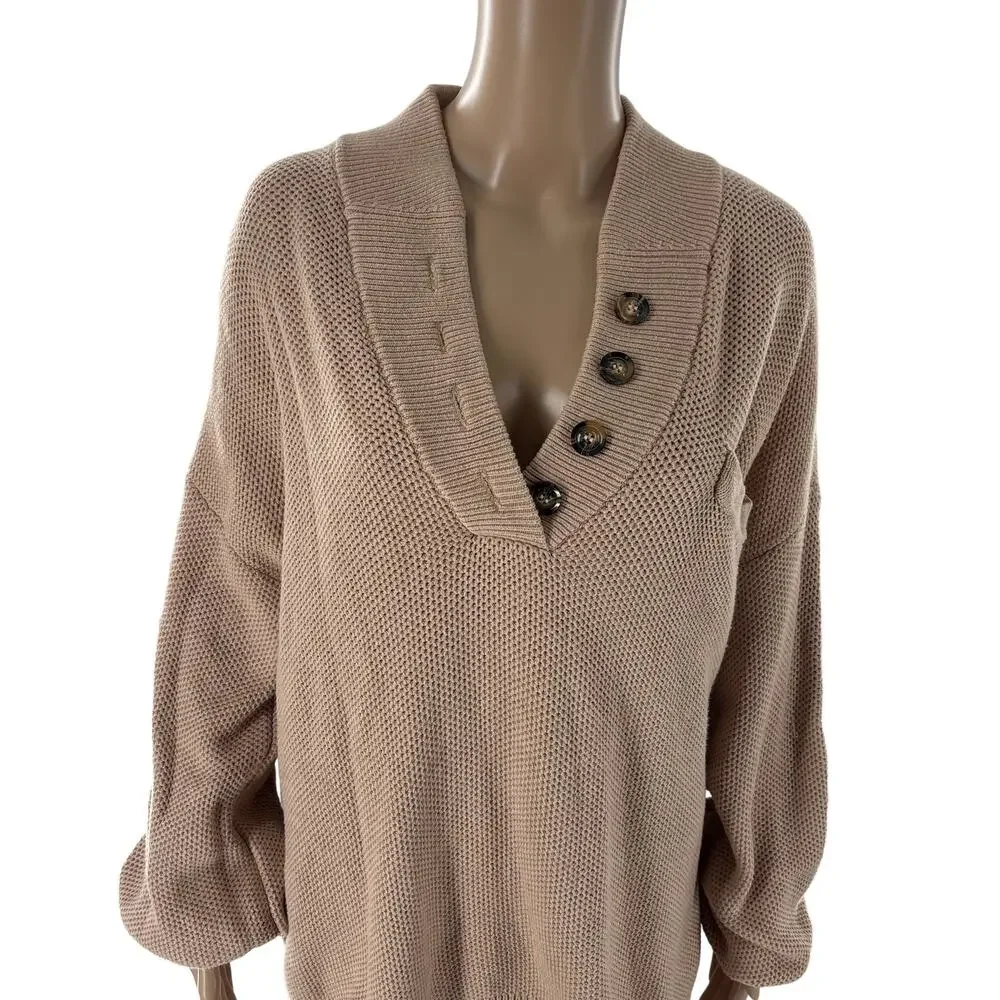 Lunya Tan Cozy Cotton Silk Pocket Henley Pullover Sweater